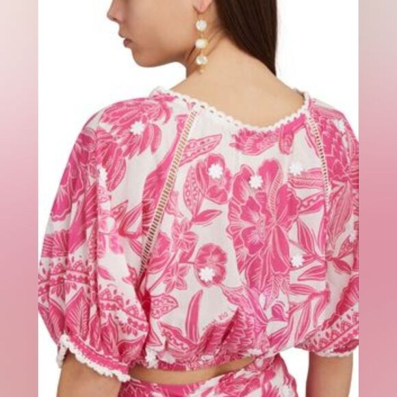 FARM RIO Tropical Woodcut cropped top Size M‎ in Pink/White NWT - Picture 6 of 9